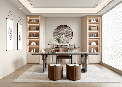 New Chinese Style Study Desk and Chair Combination Desk Bookcase 3d model