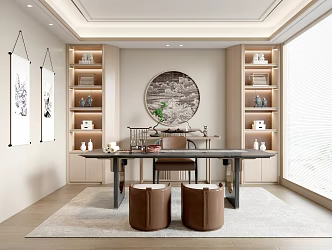 New Chinese Style Study Desk and Chair Combination Desk Bookcase 3d model