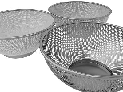 Three Metal Mesh Kitchen Colanders Set for Food Washing and Draining 3d model