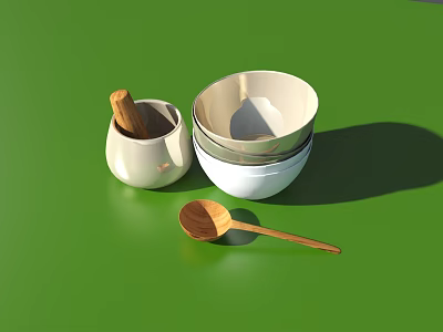 Essential Kitchen Utensils With Mortar Pestle Stacked Bowls And Wooden Spoon On Green Surface 3d model