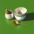 Essential Kitchen Utensils With Mortar Pestle Stacked Bowls And Wooden Spoon On Green Surface