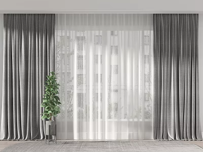 Grey Heavy Curtains And Sheer Panels For Interior Window With Natural Light And Potted Plant 3d model