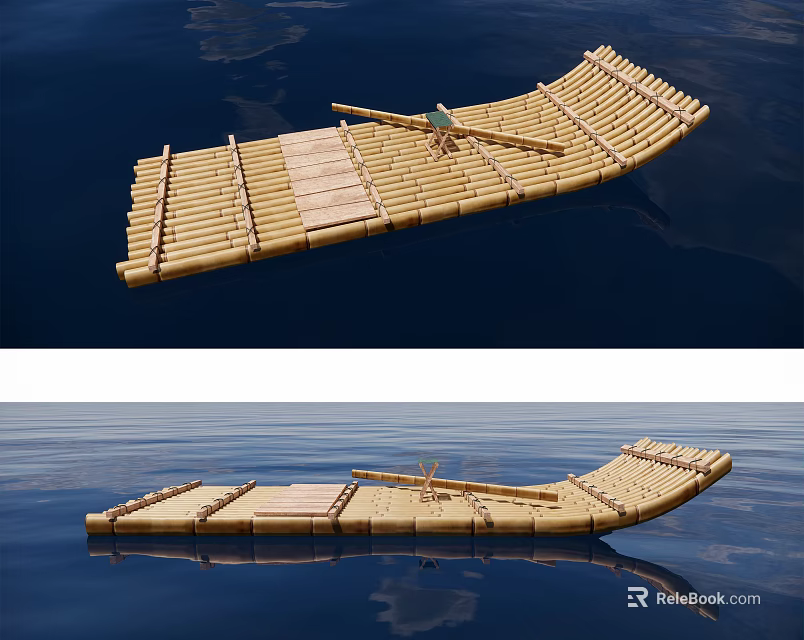 Traditional Wooden Boat With Bamboo Structure Floating On Calm Water and Natural Reflection 3d model 