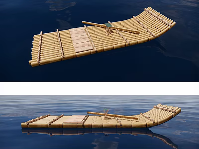 Traditional Wooden Boat With Bamboo Structure Floating On Calm Water and Natural Reflection 3d model