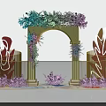Golden Wedding Arch With Colorful Floral And Leaf Decorations On Side Pillars 3d model