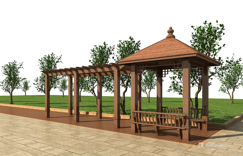Outdoor Garden Gazebo With Pergola Benches Trees Grass And Paved Ground 3d model 