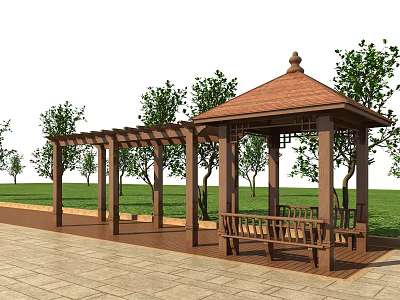 Outdoor Garden Gazebo With Pergola Benches Trees Grass And Paved Ground 3d model