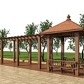 Outdoor Garden Gazebo With Pergola Benches Trees Grass And Paved Ground