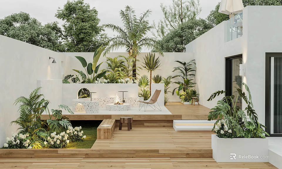 Outdoor Modern Garden Design With Wooden Deck Various Plants Outdoor Furniture And White Walls 3d model 