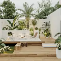 Outdoor Modern Garden Design With Wooden Deck Various Plants Outdoor Furniture And White Walls