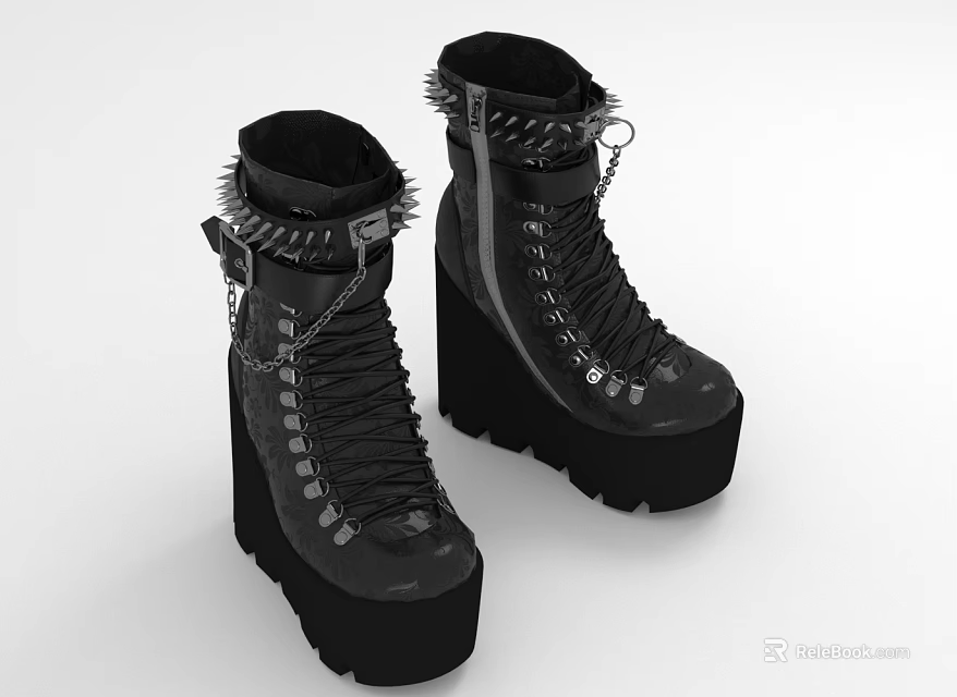 Black High Top Platform Boots With Lace Up Design Chain And Stud Details 3d model 