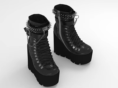 Black High Top Platform Boots With Lace Up Design Chain And Stud Details 3d model