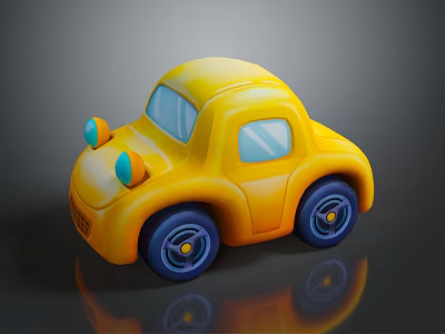 Yellow Toy Car With Blue Wheels And Orange Headlights On Reflective Surface 3d model