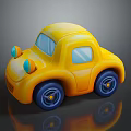 Yellow Toy Car With Blue Wheels And Orange Headlights On Reflective Surface