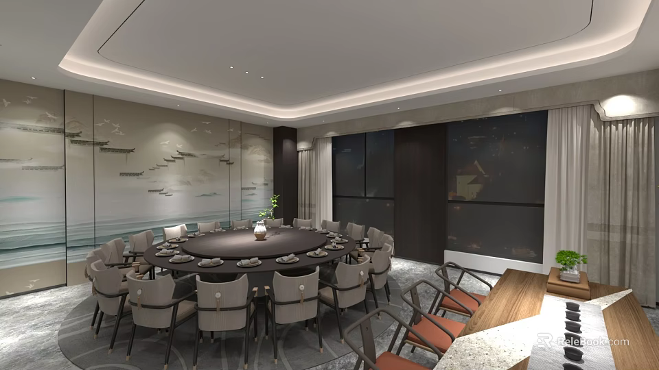 Elegant Private Dining Room With Round Dining Table Comfortable Chairs Decorative Wall And Large Windows 3d model