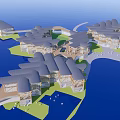 Unique Overwater Hotel Building With Connected Structures Green Landscaping And Distinctive Roofs