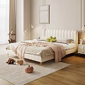 White Upholstered Double Bed With Pink Blanket Green Fruits Bedside Tables And Wall Painting