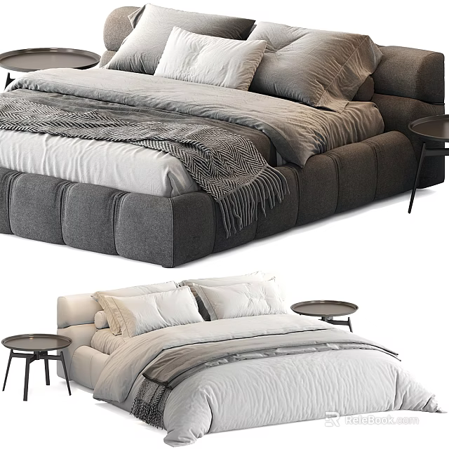 Modern Double Bed Interior Design With Gray Upholstered Frame White Bedding Nightstands And Blanket 3d model 