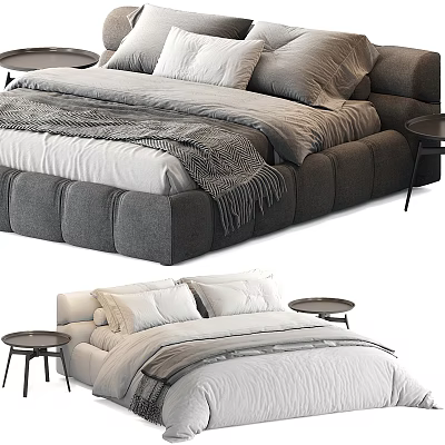 Modern Double Bed Interior Design With Gray Upholstered Frame White Bedding Nightstands And Blanket 3d model