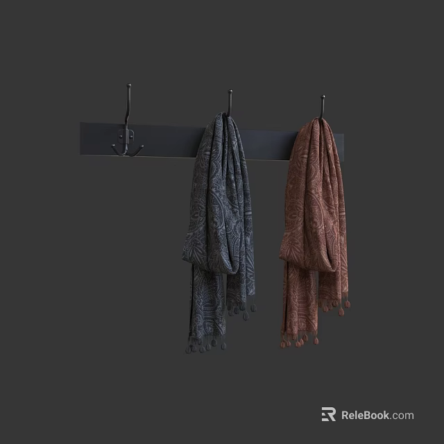 Stylish Winter Scarves in Gray and Brown Hanging on Black Hook Rack 3d model 