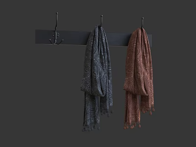 Stylish Winter Scarves in Gray and Brown Hanging on Black Hook Rack 3d model