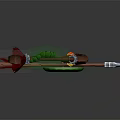 Detailed 3D Bow Model Featuring Green Circular Center And Red Decorative Elements