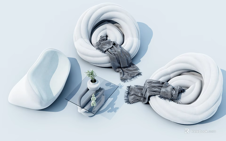 Modern White Plush Sofa Coffee Table Set with Glass Top and Checkered Scarf Potted Plant 3d model 