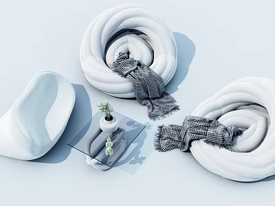 Modern White Plush Sofa Coffee Table Set with Glass Top and Checkered Scarf Potted Plant 3d model