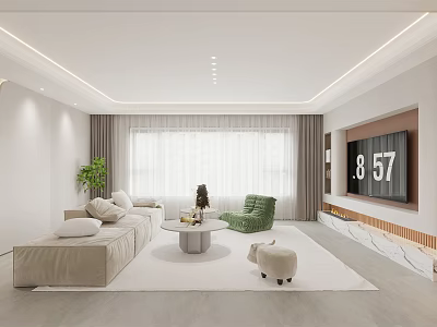 Modern Minimalist Living Dining Room With Beige Sofa Round Coffee Table And Green Accent Chair 3d model