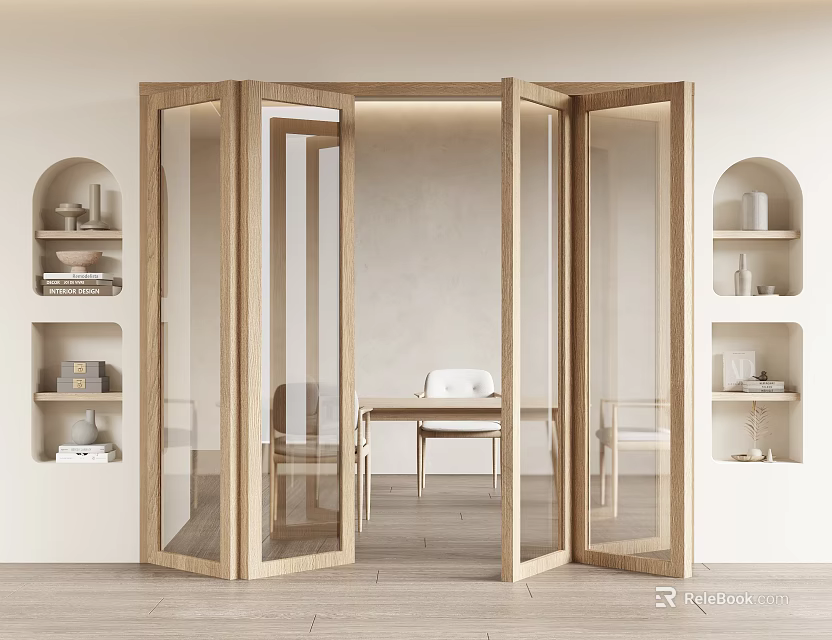 Wooden Frame Glass Folding Doors Open To Dining Area With Light Walls And Niche Shelves 3d model 