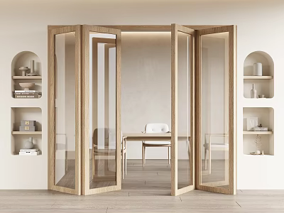 Wooden Frame Glass Folding Doors Open To Dining Area With Light Walls And Niche Shelves 3d model