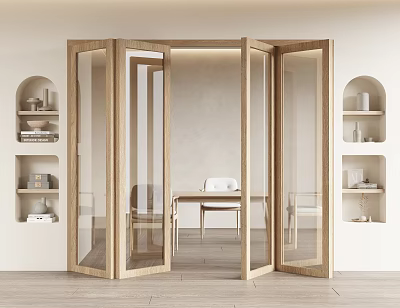 Wooden Frame Glass Folding Doors Open To Dining Area With Light Walls And Niche Shelves 3d model