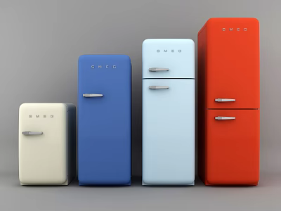 Vintage Style Double Door Refrigerators in White Blue Light Blue and Red Colors 3d model