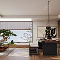 Traditional Tea Room Interior Featuring Bamboo Blinds Window Wooden Table Chairs And Zen Potted Plant