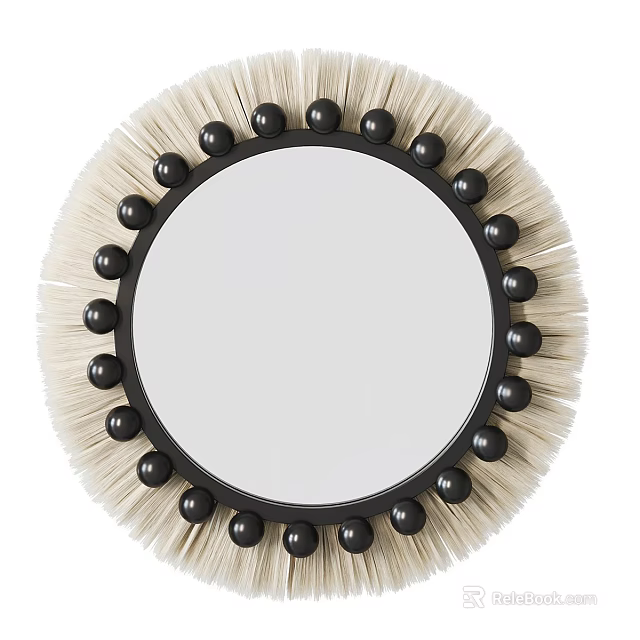 Decorative Round Mirror With Black Beaded Frame And Beige Brush Like Elements 3d model 