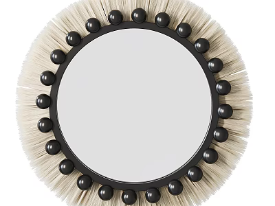 Decorative Round Mirror With Black Beaded Frame And Beige Brush Like Elements 3d model
