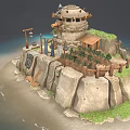 Vibrant Cartoon Seaside Stone Hut Scene With Rocks Hanging Clothes Barrels Wagon Wheel and Shed