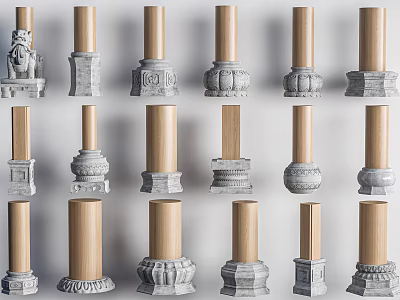 Various Decorative Columns With Stone And Wooden Designs And Carved Bases 3d model