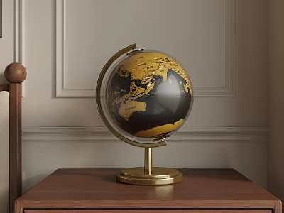 Gold And Black Globe With Gold Base On Wooden Table Against Light Wall 3d model