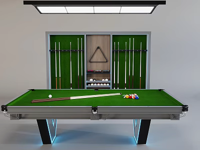 Modern Green Felt Billiard Table With Cue Sticks Balls And Overhead Lighting 3d model