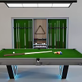 Modern Green Felt Billiard Table With Cue Sticks Balls And Overhead Lighting
