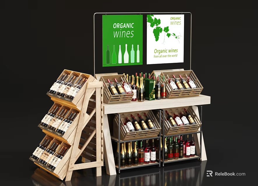 Wooden Wine Rack Displaying Organic Wines with Multiple Bottles and Shelves 3d model 