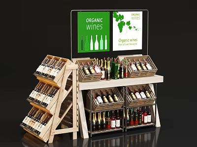 Wooden Wine Rack Displaying Organic Wines with Multiple Bottles and Shelves 3d model