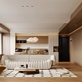Elegant Open Living Dining Area With Beige Sofa Wooden Flooring Geometric Rug And Pendant Lights