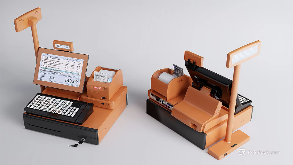 Modern Commercial Cash Register Equipment With Display Screen And Receipt Printer 3d model 