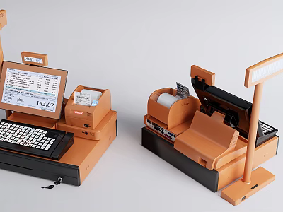 Modern Commercial Cash Register Equipment With Display Screen And Receipt Printer 3d model