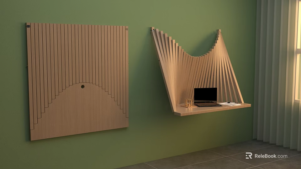 Wooden Curved Wall Decor With Vertical Slats And Wall Mounted Desk With Laptop 3d model 