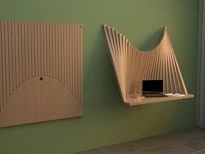 Wooden Curved Wall Decor With Vertical Slats And Wall Mounted Desk With Laptop 3d model