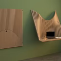 Wooden Curved Wall Decor With Vertical Slats And Wall Mounted Desk With Laptop