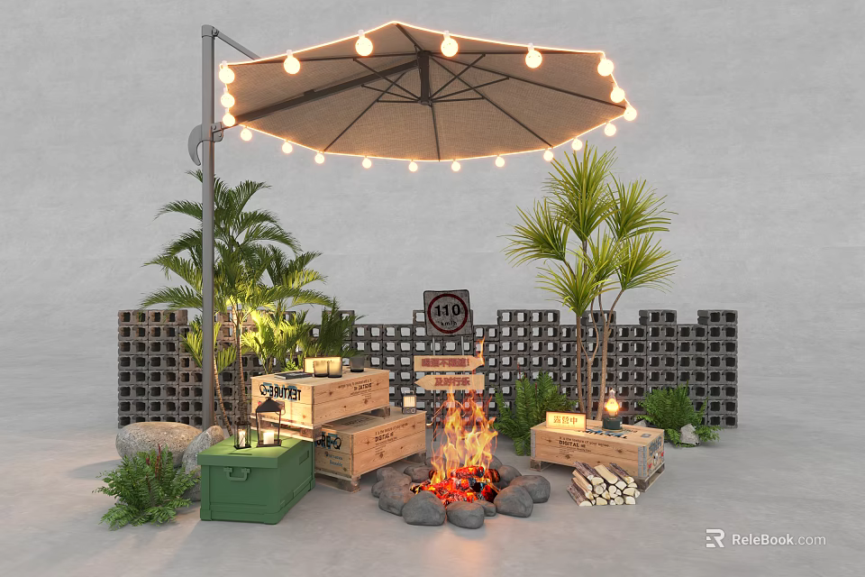 Outdoor Backyard Area With String Light Umbrella Fire Pit Wooden Crates And Plants 3d model